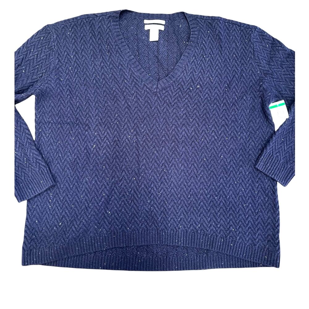 Nordstrom Signature Cashmere V-neck Herringbone Sweater | Womens L, Navy Tweed - Picture 1 of 9